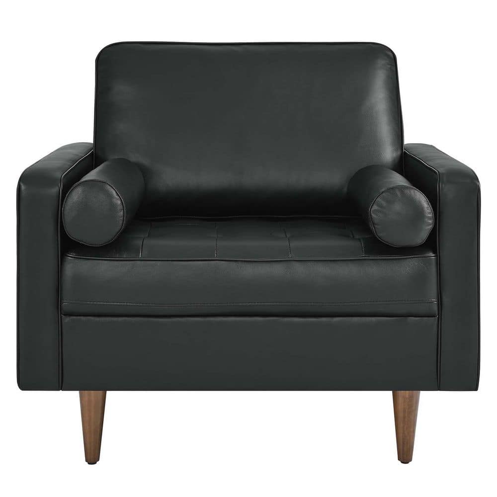Mid-Century Biscuit Tufted Leather Accent Chair in Black
