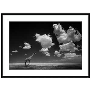 "Giraffe Goneith the Clouds" 1-Piece Framed Black and White Animal Photography Wall Art 30 in. x 41 in.