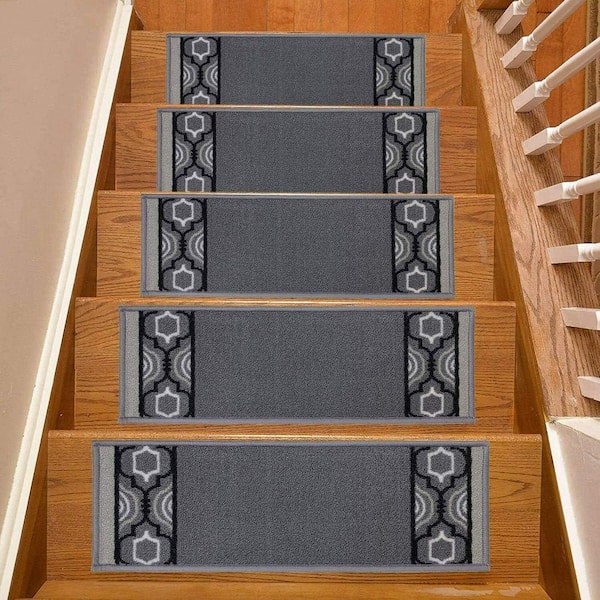 Indoor Trellis Border Grey 9 in. x 36 in. Stair Tread Cover (Set of 3)
