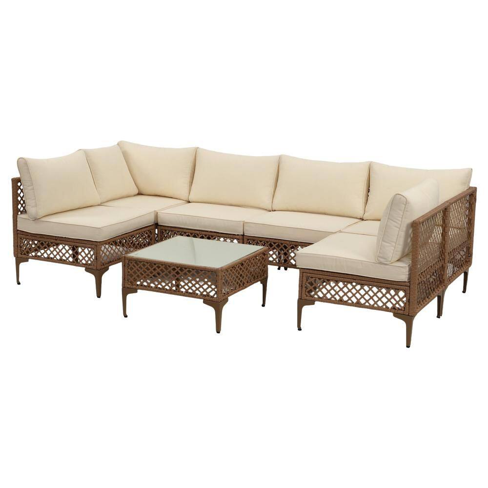 7-Piece Brown Wicker Patio Conversation Set with Beige Cushions, Coffee Table price history on PriceWatchPro