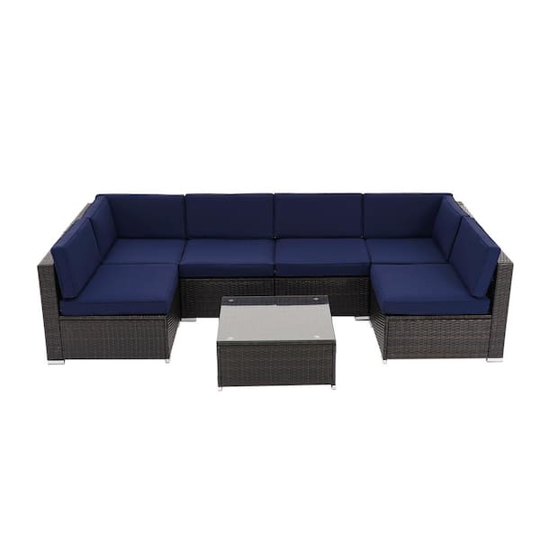 WELLFOR 7-Piece Wicker Outdoor Patio Conversation Set with Dark Blue Cushions