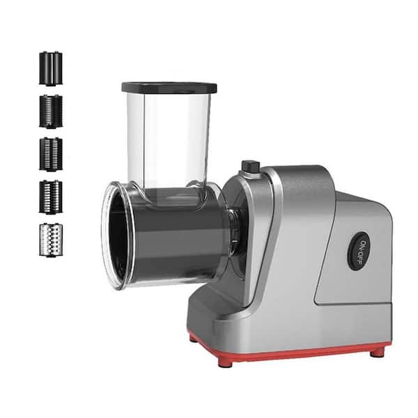Silver Electric Cheese Grater with 5 Interchangeable Blades for Slicing, Shredding, and Grinding Fruits and Vegetables