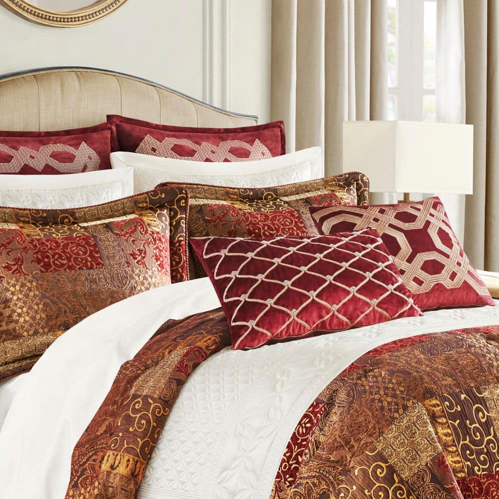 Queen Red Microfiber Patchwork Comforter Set with Shams and Bed Skirt
