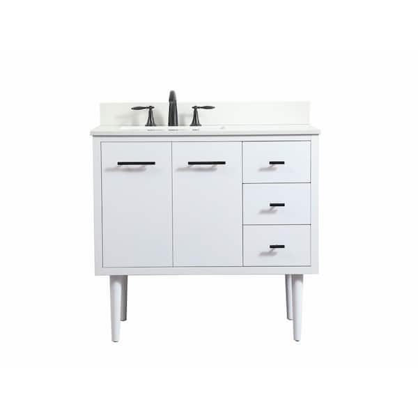 Unbranded Simply Living 36 in. W x 22 in. D x 33.5 in. H Bath Vanity in White with Ivory White Engineered Marble Top