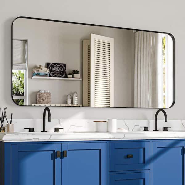60 in. W x 28 in. H Rectangular Aluminum Framed Wall Bathroom Vanity Mirror in Black