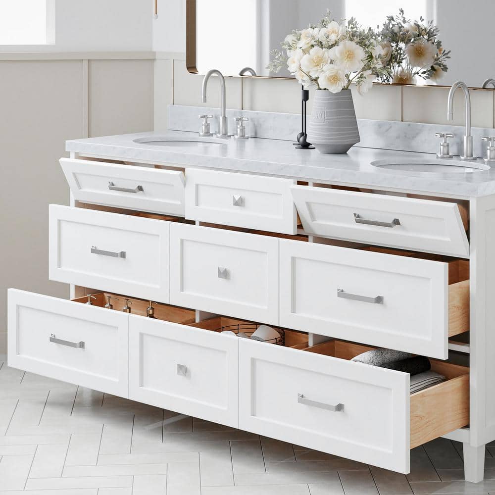 White Double Sink Bathroom Vanity with Carrara Marble Top