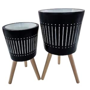 Blue Black Polyresin Planters with Wood Stands (2-Pack)