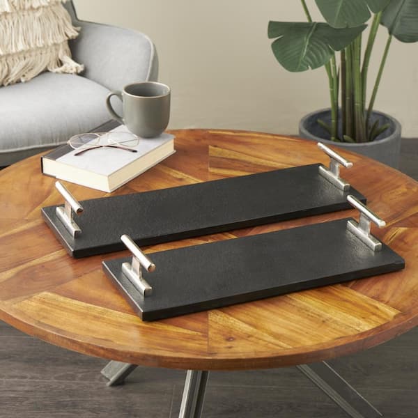 Litton Lane Black Marble Slim Textured Decorative Tray with Silver Rod Handles (Set of 2)
