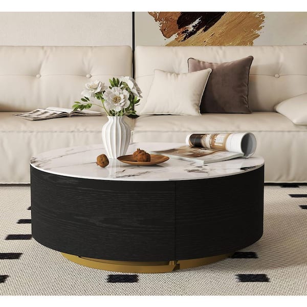 33 in. White and Black Round Storage Sintered Stone Drum Coffee Table with 2 Drawers for Apartment, Fully Assembled