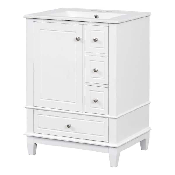 24 in. Single Sink Solid Wood Frame Freestanding White Bath Vanity with White Ceramic Top, Unassembled, Soft Close