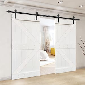 K Series 72 in. x 84 in. White Stained Solid Knotty Pine Wood Double Interior Sliding Barn Doors with Hardware Kit