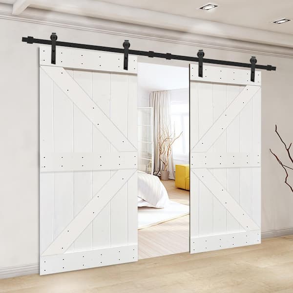K Series 72 in. x 84 in. White Stained Solid Knotty Pine Wood Double Interior Sliding Barn Doors with Hardware Kit