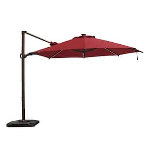 11.5 ft. 360-Degree Rotating Aluminum Cantilever Solar Light Patio Umbrella with Base Weight in Dark Red