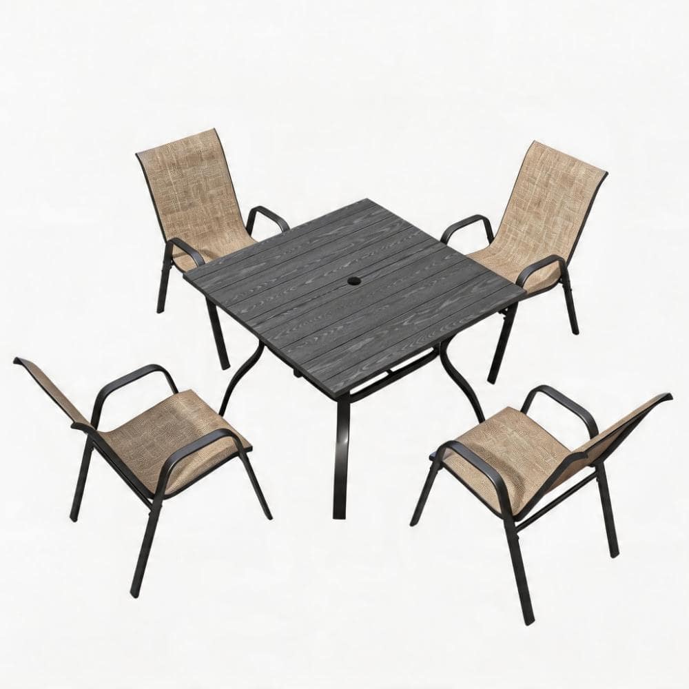 Black 5‑Piece Square Metal Outdoor Dining Set in Brown with Umbrella Hole for Patio, Garden, Backyard price history on PriceWatchPro