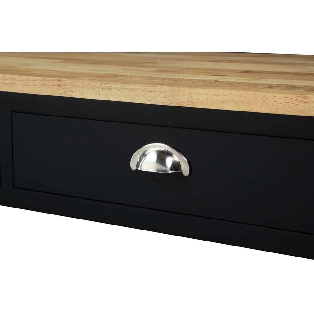 Black and Natural Wood Butcher Block Kitchen Cart with Wine Rack
