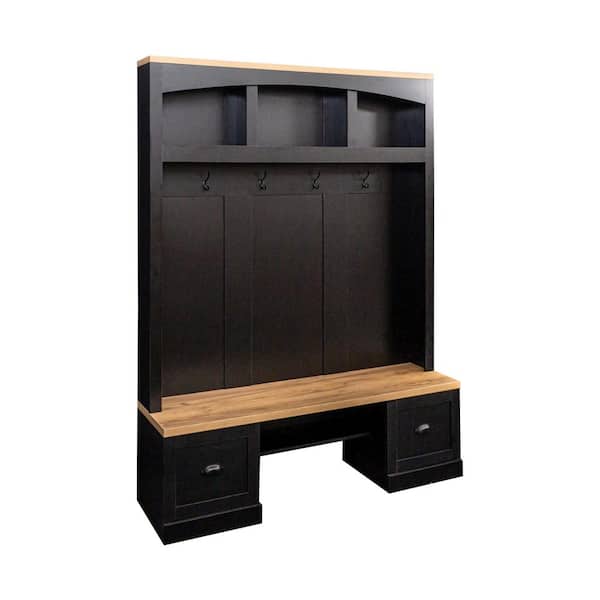 Farmhouse 4-in-1 Hall Tree with Wood Grain Bench and Top, Black Hooks and Shell Handles, Adjustable Shelves, Black