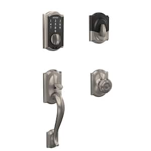 Camelot Satin Nickel Electronic Touch Deadbolt with Thumbturn and Entry Door Handle with Georgian Knob and Camelot Trim