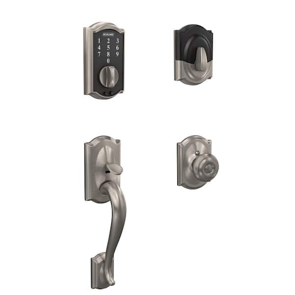 Schlage Camelot Satin Nickel Electronic Touch Deadbolt with Thumbturn and Entry Door Handle with Georgian Knob and Camelot Trim
