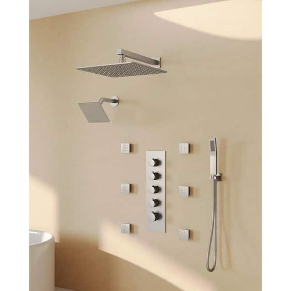 GRANDJOY SerenityFlow 15-Spray 16 and 6 in. Dual Wall Mount Fixed and Handheld Shower Head 2.5 GPM in Brushed Nickel