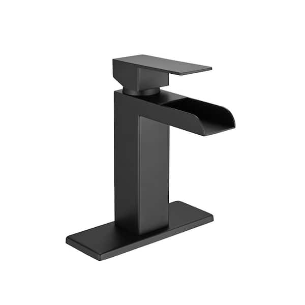 Pdpbath Single Handle Single Hole Waterfall Spout Bathroom Faucet with Deckplate Included and Overflow Drain in Matte Black
