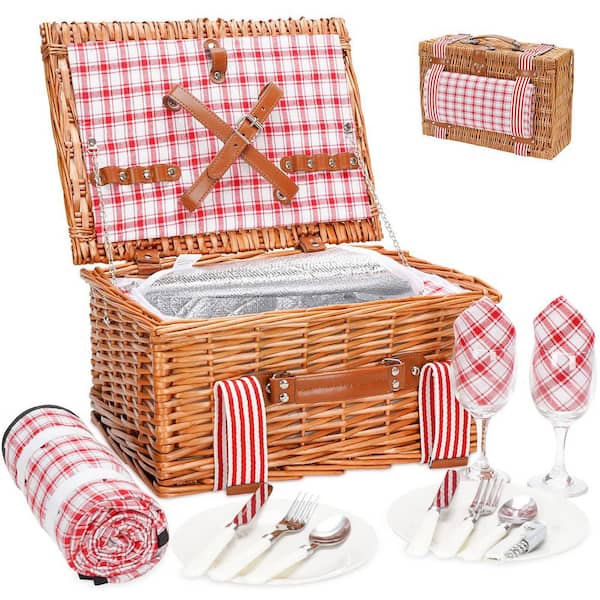 Red Check Wicker Picnic Basket with Cutlery Service Kits, Insulated Cooler Compartment and Waterproof Picnic Blanket