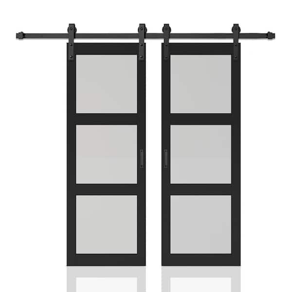48 in. x 84 in. 3-Lite Tempered Frosted Glass Black Finished Composite Double Sliding Barn Door with Hardware Kit Handle