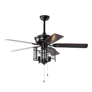 52 in. W Indoor Matte Black Farmhouse Ceiling Fan with Light, No Bulb, Pull Chain