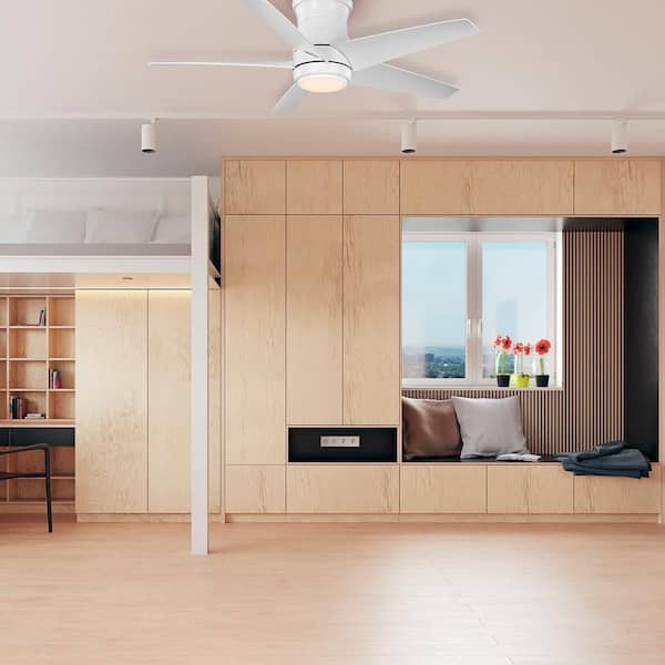 Hampton Bay Mena 44 in. White Color Changing Integrated LED Indoor/Outdoor Matte White Hugger Ceiling Fan with Light Kit and Remote