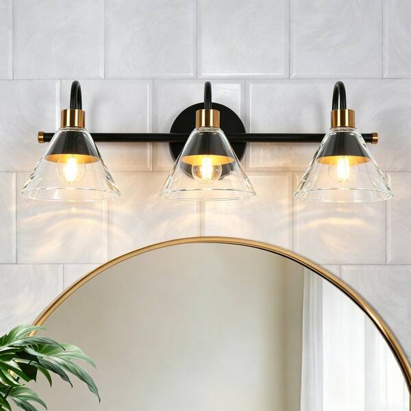 21.3 in. 3-Light Modern Transitional Black Bathroom Vanity Light, Brass Powder Room Wall Sconce with Half Metal Shade