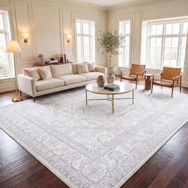 Adirondack Ivory/Silver 8 ft. x 10 ft. Border Medallion Area Rug