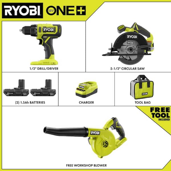 ONE+ 18V Cordless 2-Tool Combo Kit with (2) 1.5 Ah Batteries, Charger, and FREE ONE+ Cordless Compact Workshop Blower