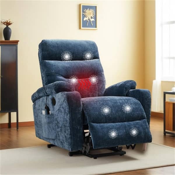 Blue Fabric Electric Power Lift Recliner Chair Sofa with Massage and Heat, 2-Side Pockets and Cup Holders, USB Ports