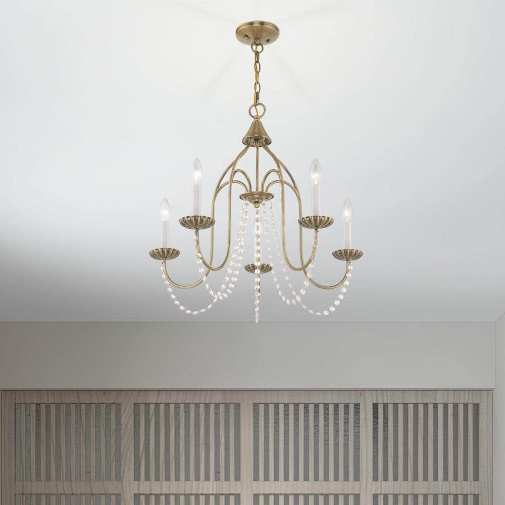 Antique Brass Mini 5-Light Crystal Candle Chandelier