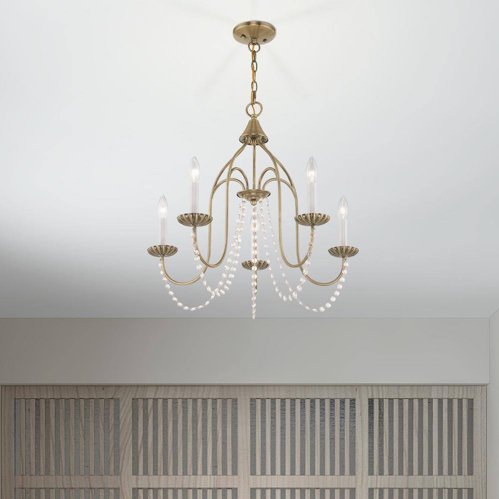 Antique Brass Mini 5-Light Crystal Candle Chandelier