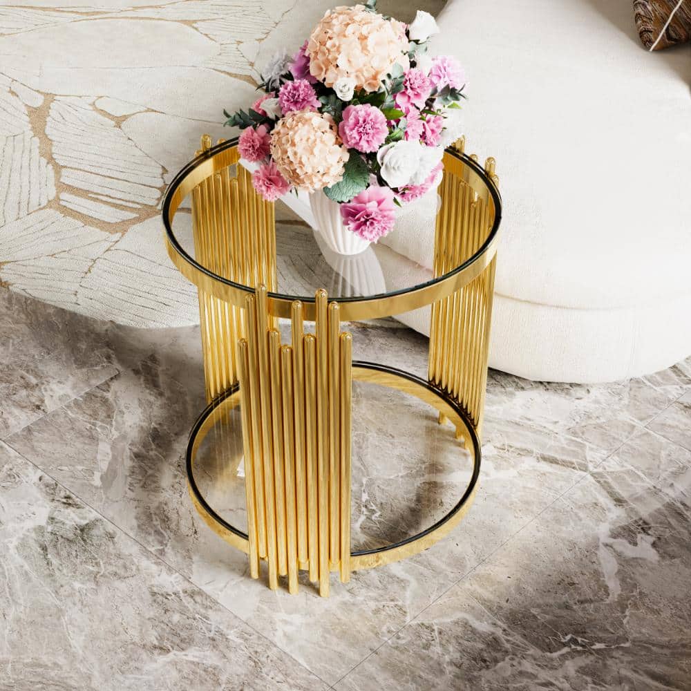 19.8 in. W Transparent and Gold Round Tempered Glass Coffee Table with Shelf