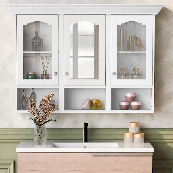 48 in. W x 32 in. H Rectangular Wood Surface Mounted Medicine Cabinet with Mirror and Adjustable Shelves