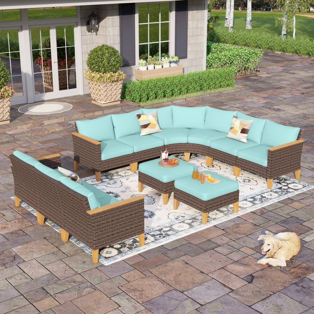 PHI VILLA Brown Rattan Wicker 11 Seat 11Piece Steel Patio Outdoor