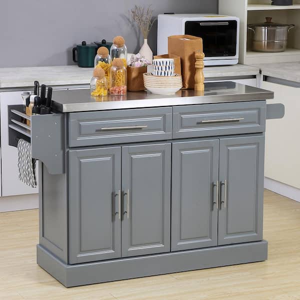 FAMYYT Gray Stainless-Steel Top 57 in. Kitchen Island with Casters, Spice, Knife and Towel Rack