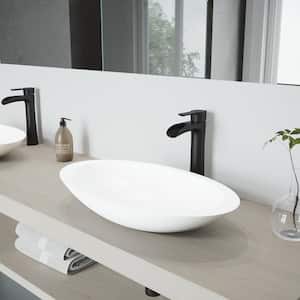 Matte Stone Wisteria Composite Oval Vessel Bathroom Sink in White with Niko Faucet and Pop-Up Drain in Matte Black