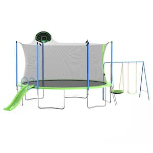 Anky 14 ft. Green Metal Trampolines with Slide and Swings, Basketball Hoop, Ladder, Net, Capacity for Kids and Adults
