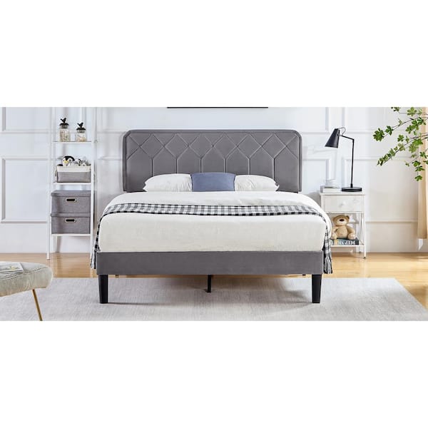 VECELO Bed Frame with Upholstered Headboard, Gray Metal Frame 