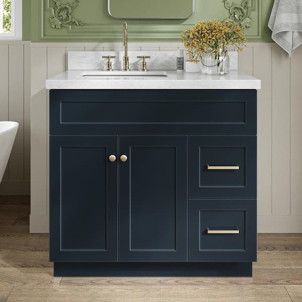 ARIEL Hamlet 37 in. W x 22 in. D x 36 in. H Vanity in Midnight Blue with White Carrara Marble Vanity Top
