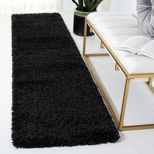 California Shag 2 ft. x 17 ft. Black/Ivory Solid Flokati Runner Rug