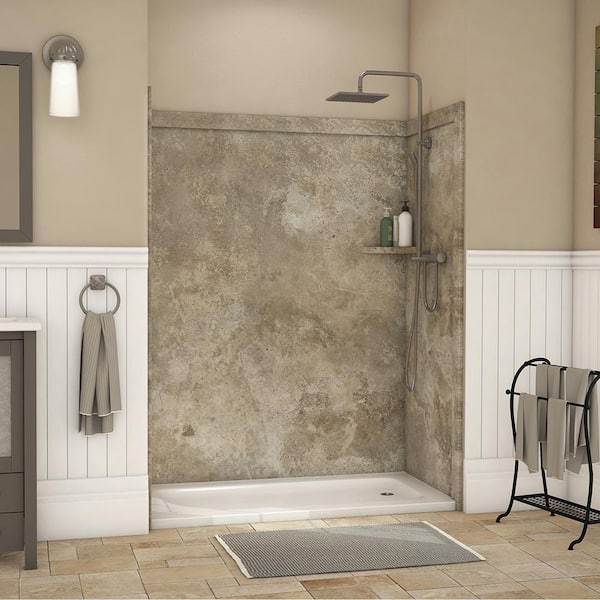 FlexStone Royale 36 in. x 60 in. x 80 in. 11-Piece Easy Up Adhesive Alcove Bathtub/Shower Wall Surround in Mocha Travertine