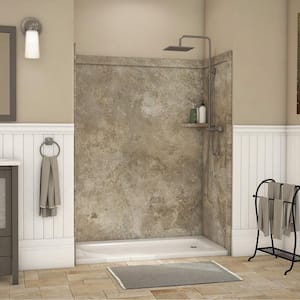 Adaptable 60 in. x 60 in. x 80 in. 9-Piece Easy Up Adhesive Alcove Shower Surround in Mocha Travertine