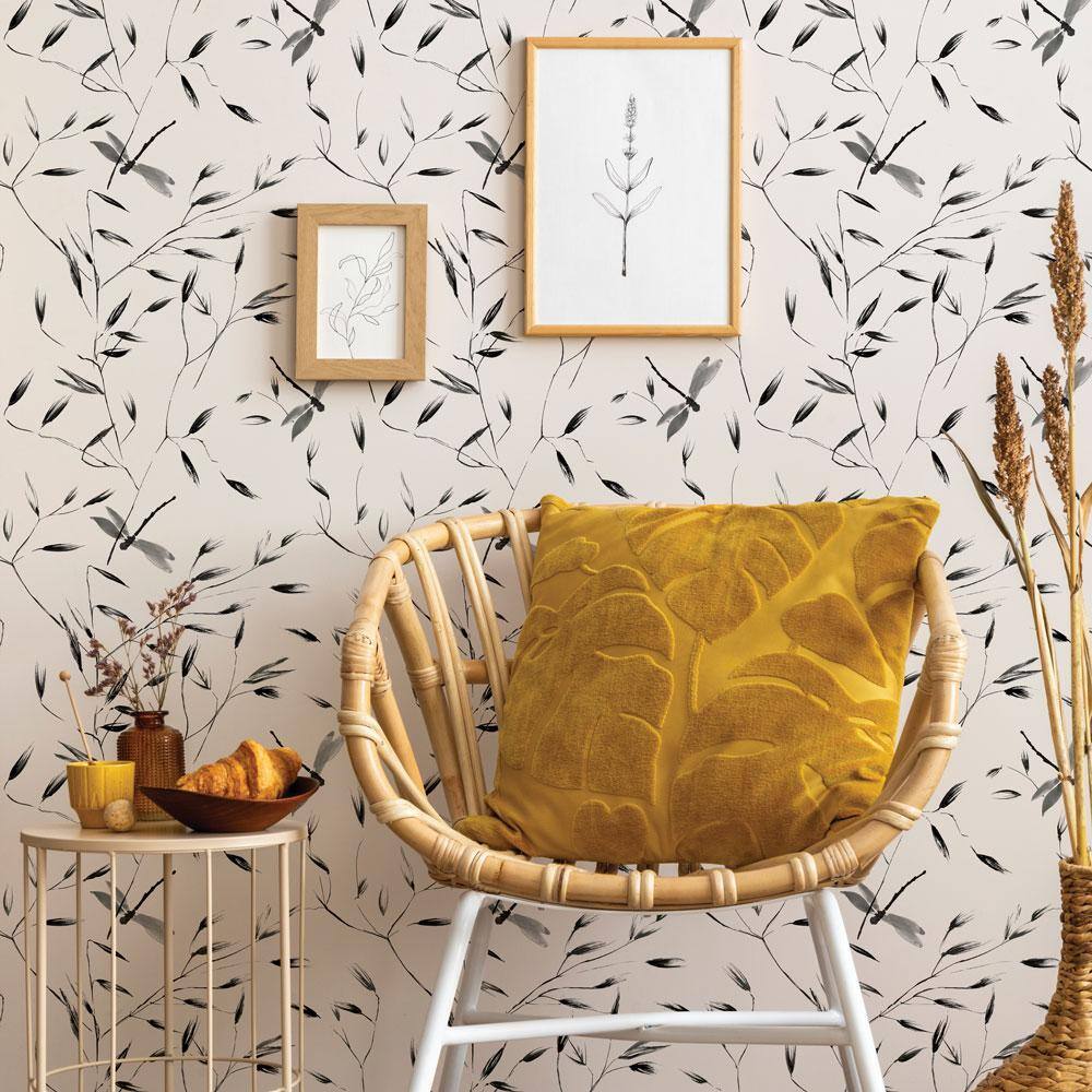 Black and White Dragonfly Print Peel and Stick Wallpaper