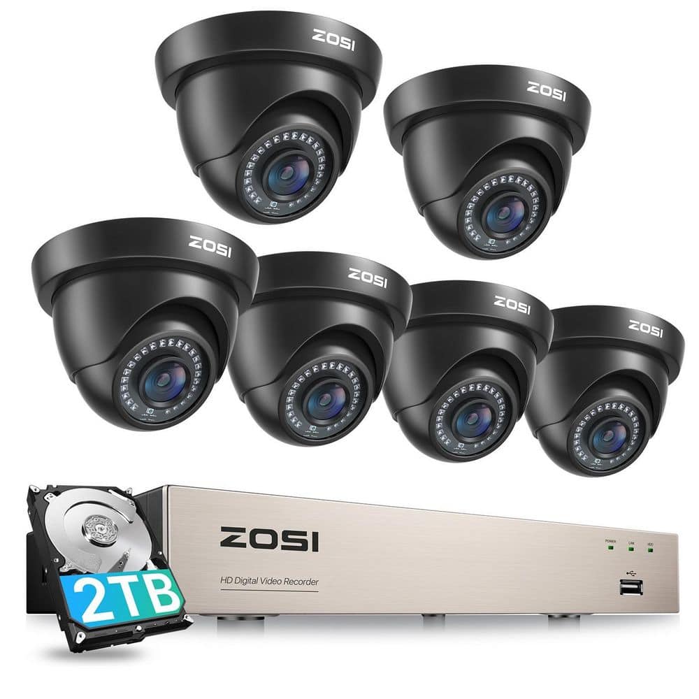 ZOSI 8-Channel 2MP 2TB HDD DVR Home Security System with 6-Wired Outdoor Dome Cameras