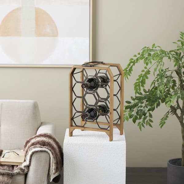 Litton Lane 11- Bottle Brown Geometric Wine Rack with Gray Metal Hexagon Holders