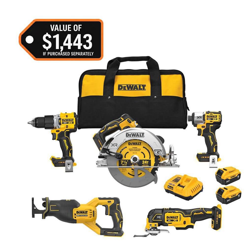 DEWALT 20V Lithium-Ion Cordless 5-Tool Combo Kit with (2) 5.0 Ah Battery Packs and Charger DCK510P2