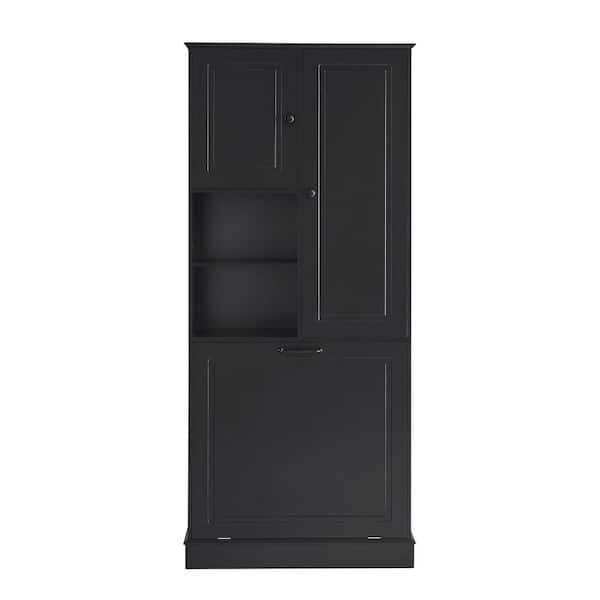 30 in. W x 14 in. D x 68 in. H Black MDF Linen Cabinet with Adjustable Shelves and Large Flip-Out Basket